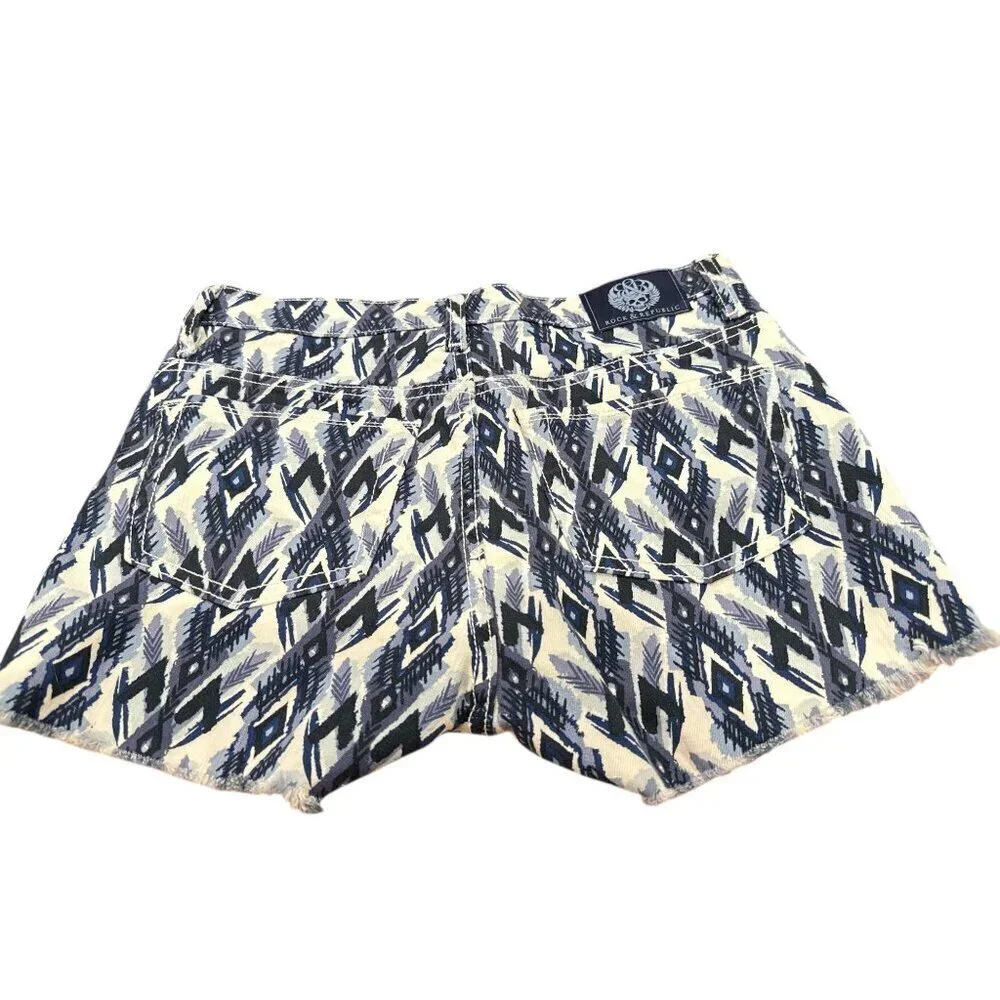 Rock & Republic Women's Lolita Aztec Print Frayed Hem Denim Shorts Size 2 EUC